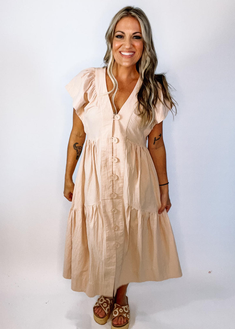 Natural Button Down Flare Sleeve Dress