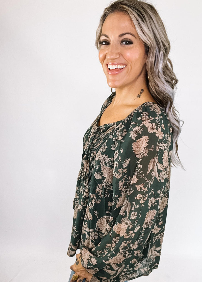 Sea Green Floral Pintuck Detail Blouse