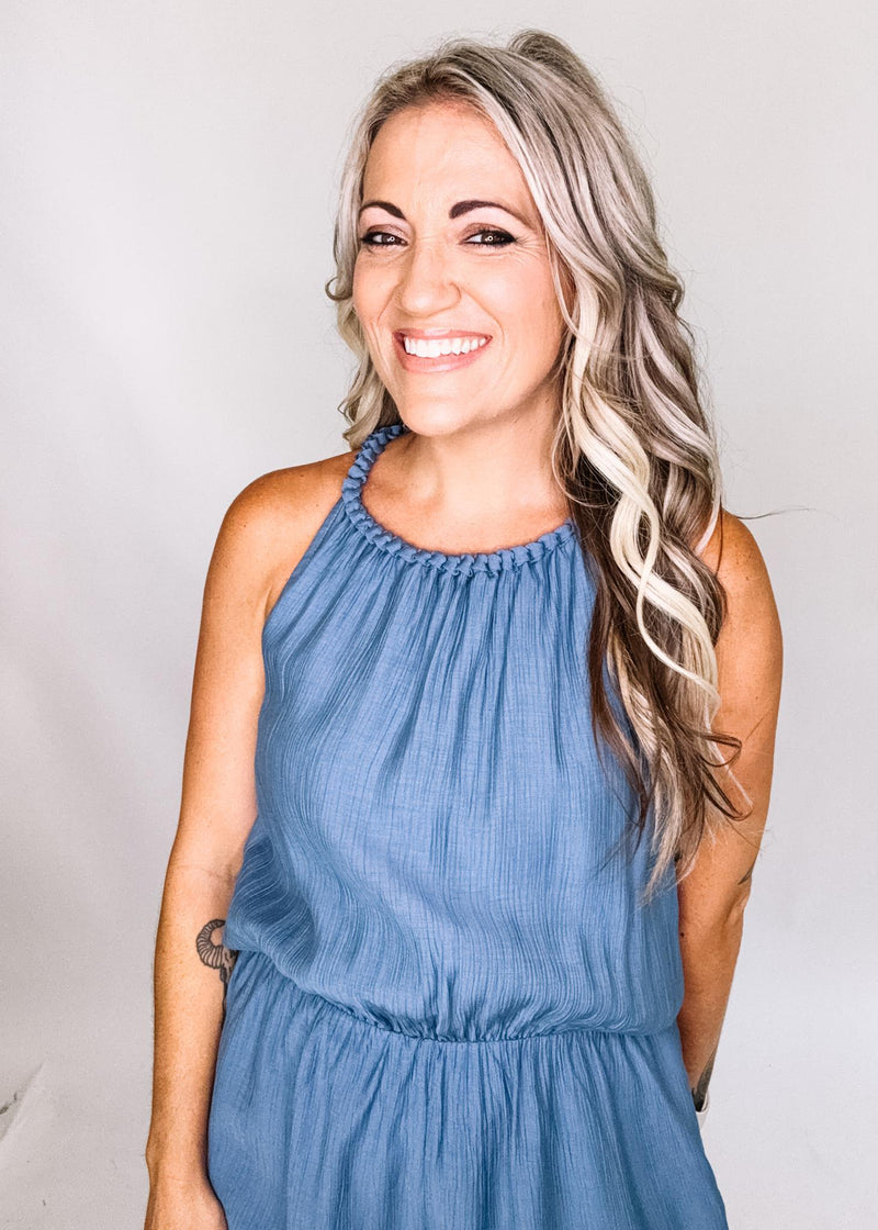 Dusty Blue Braided Neck Romper