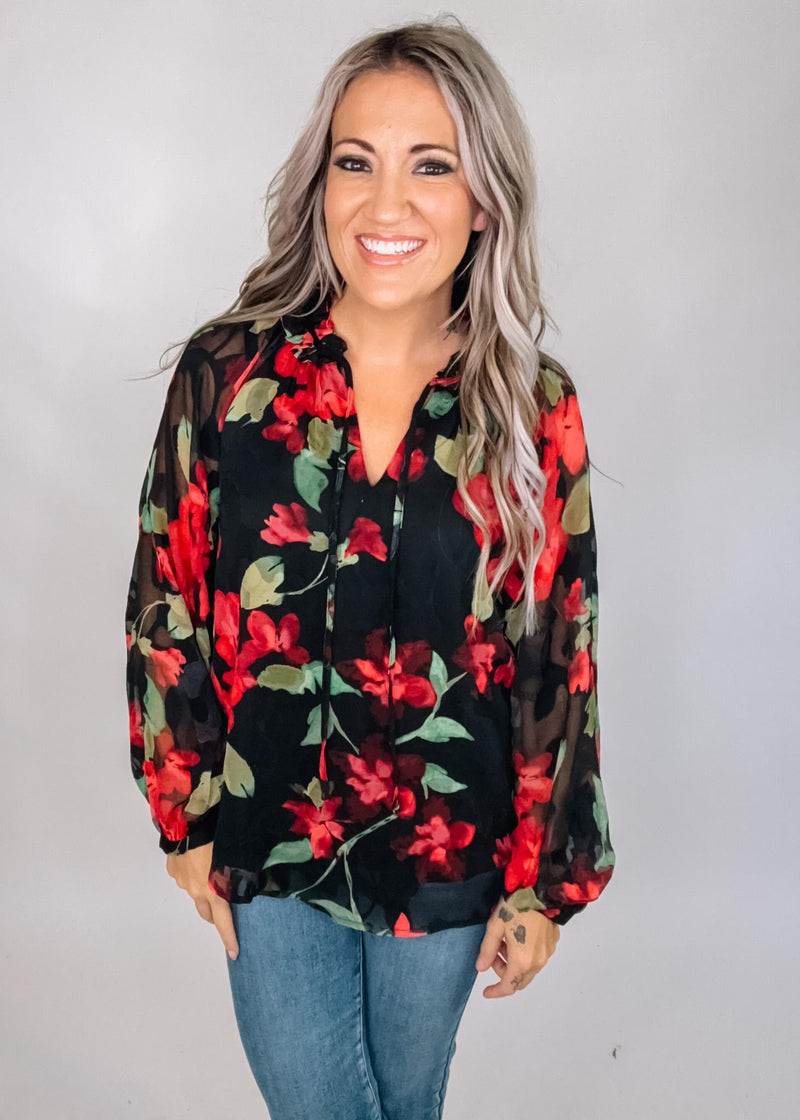 Printed Chiffon Peasant Sleeve Blouse