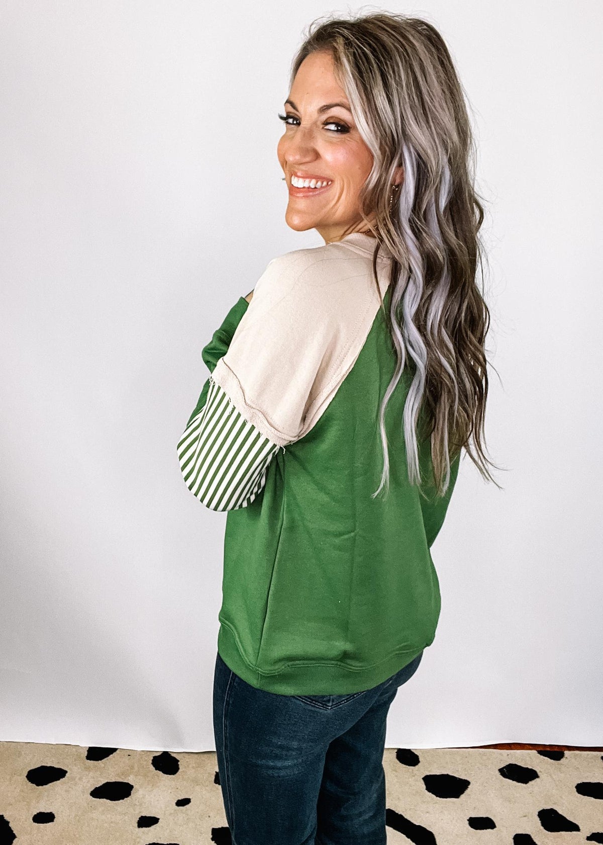 Green Crew Neck Color Block Sleeve Top