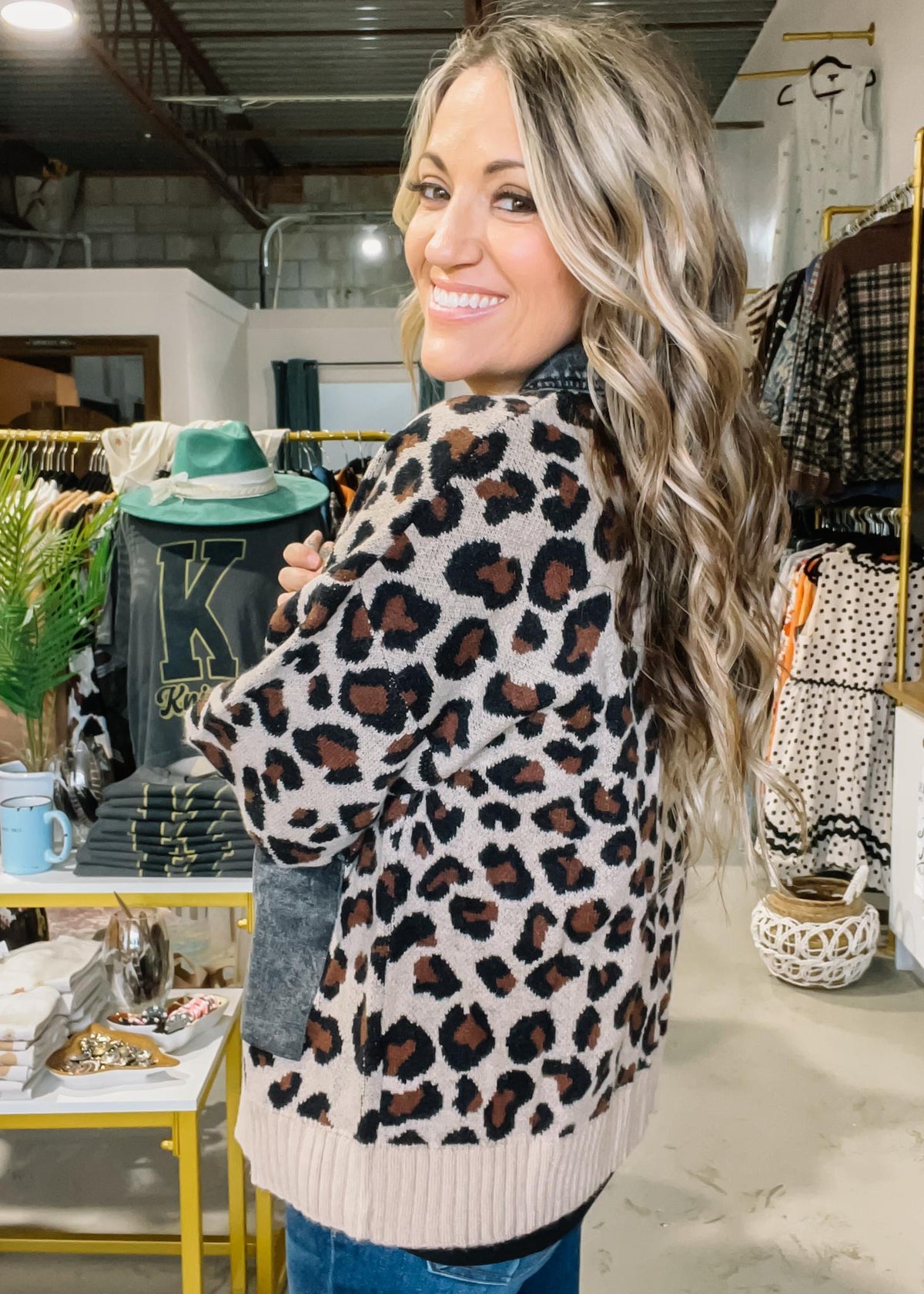 Taupe and Charcoal Denim Leopard Cardigan