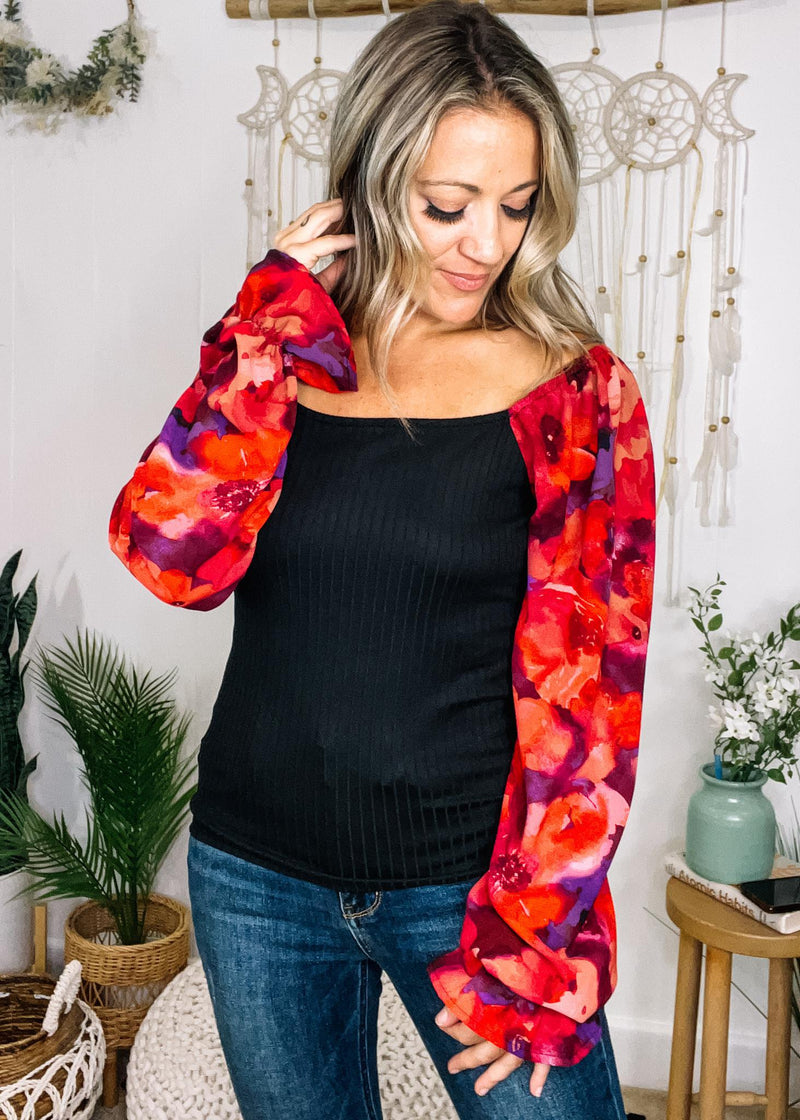 Black Square Neck with Pink Floral Sleeves