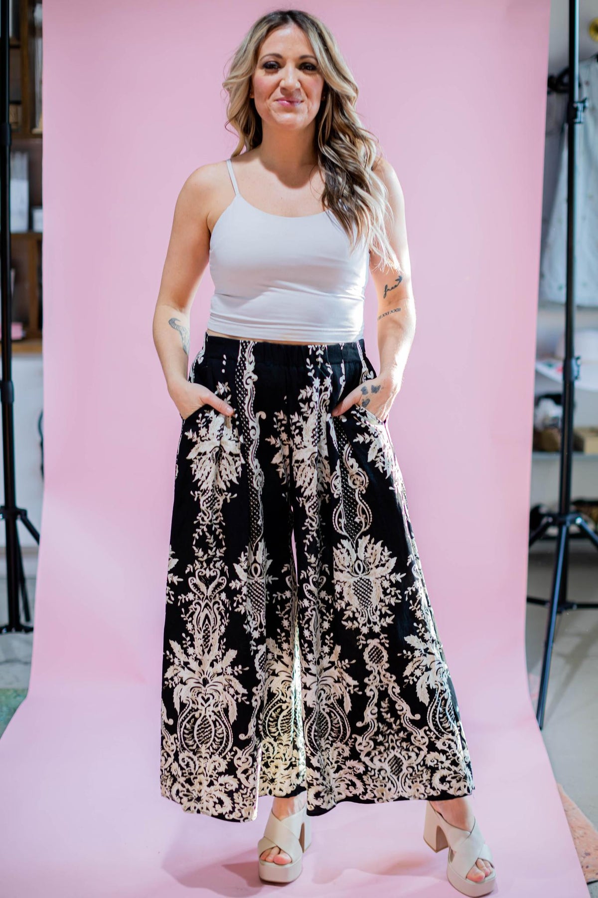 Black Damask Printed Pants