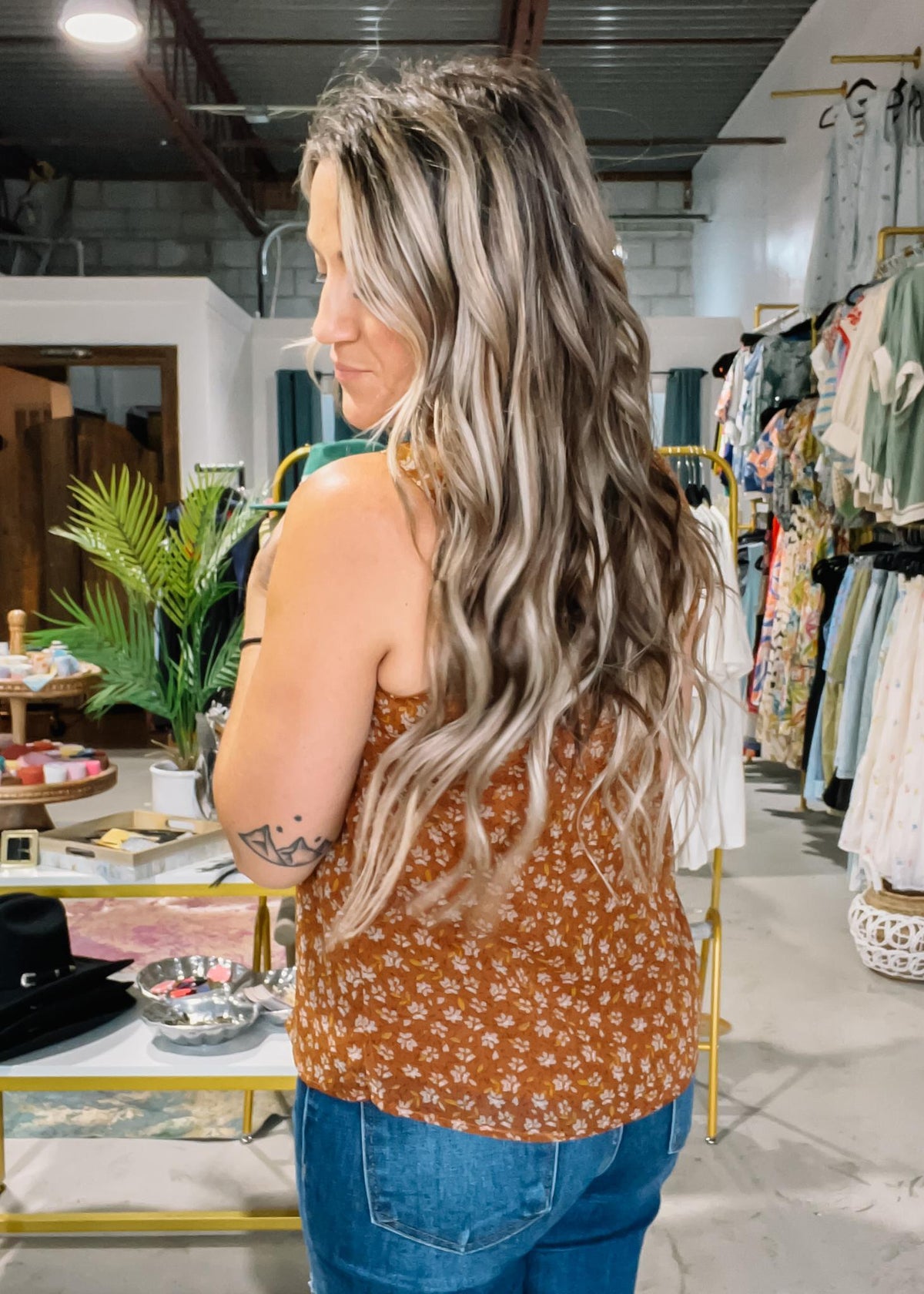 Rust Floral Chiffon Ruffle Tank