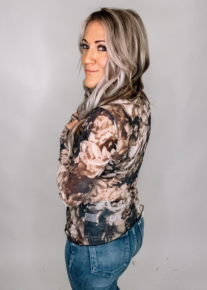 Taupe and Black Floral Mesh Top