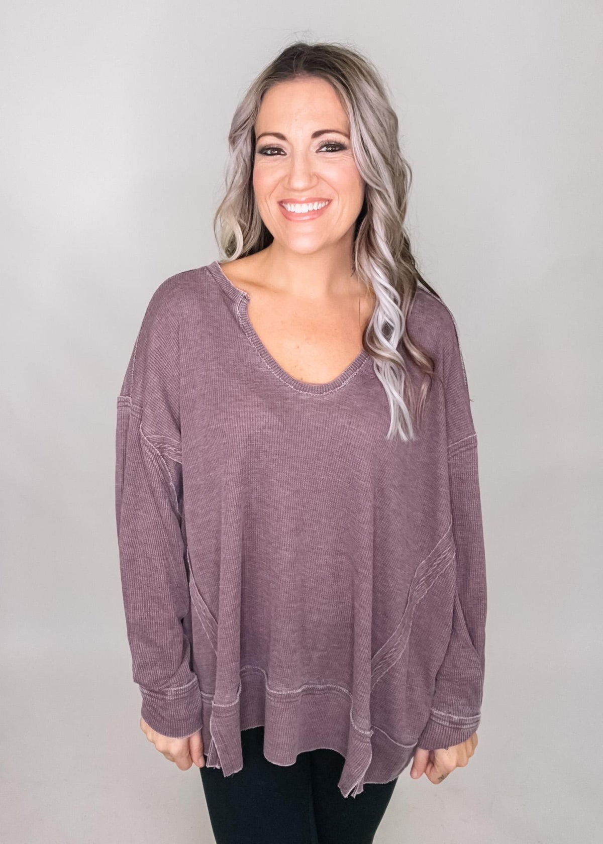 Cotton Blend Waffle Knit Oversized Long Sleeve Top