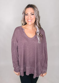 Cotton Blend Waffle Knit Oversized Long Sleeve Top