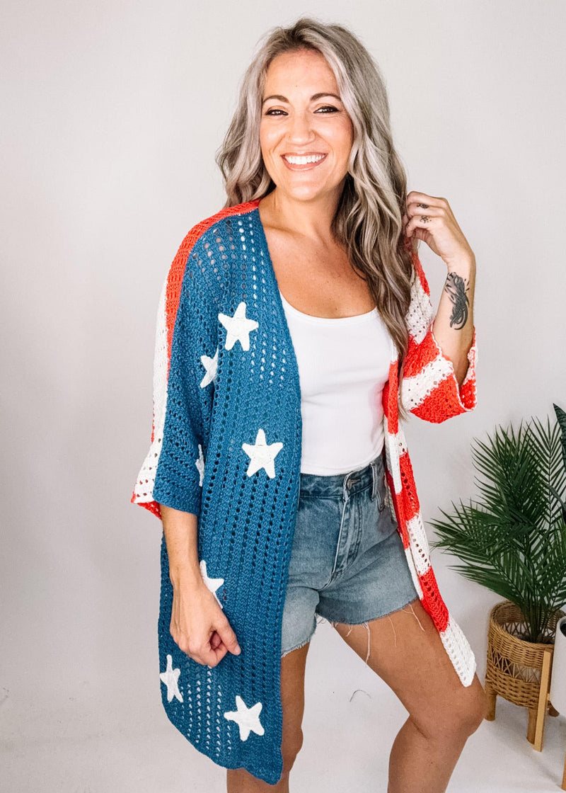 American Flag Inspired Open Knit Cardigan