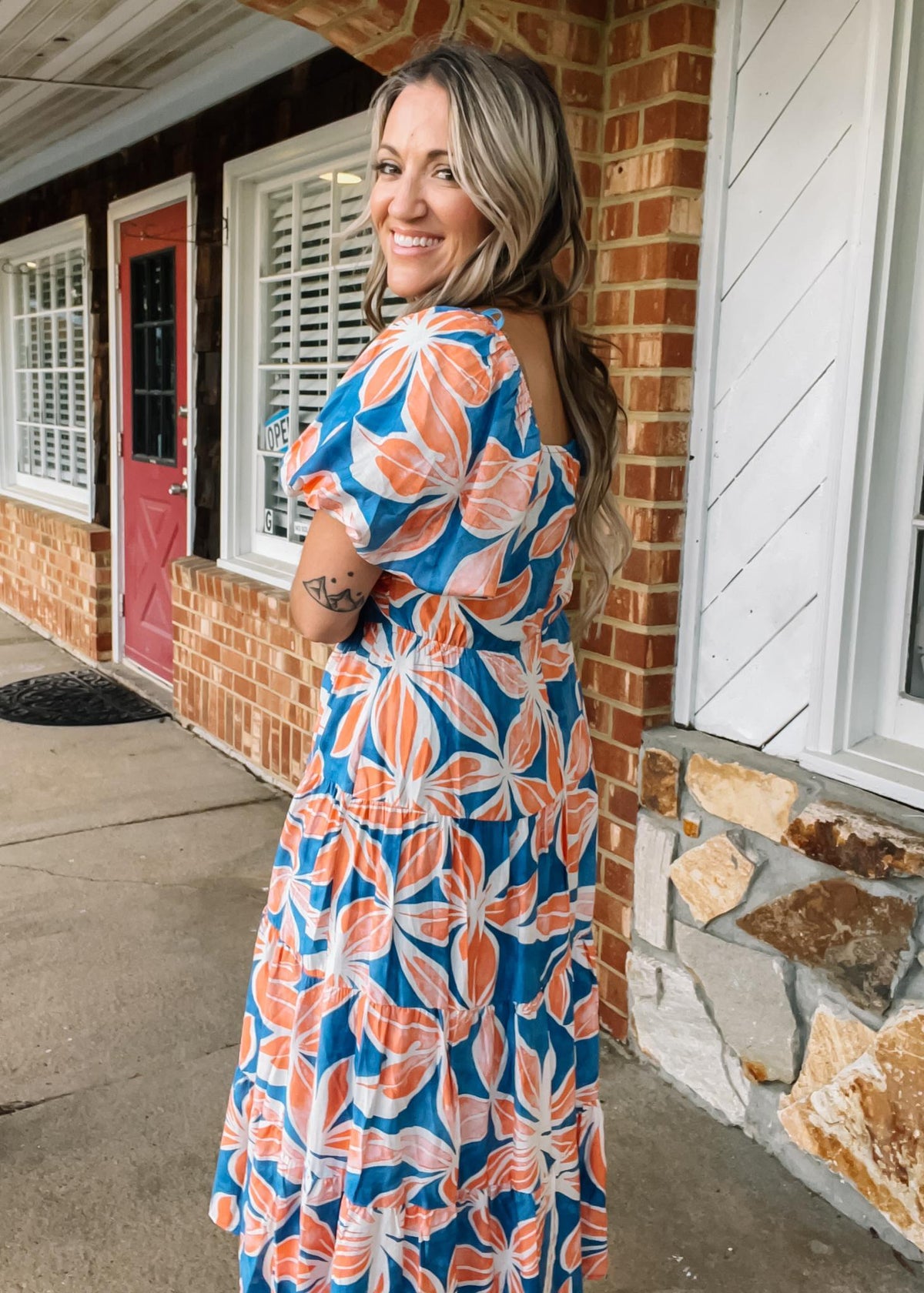 Blue and Peach Floral Puff Sleeve Maxi Large