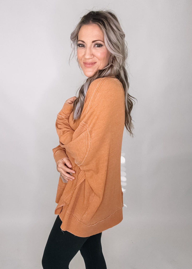 Cotton Blend Waffle Knit Oversized Long Sleeve Top