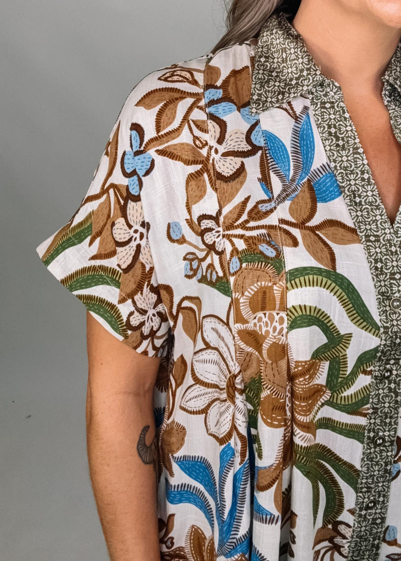 Walnut Mix Printed Top with Pleats