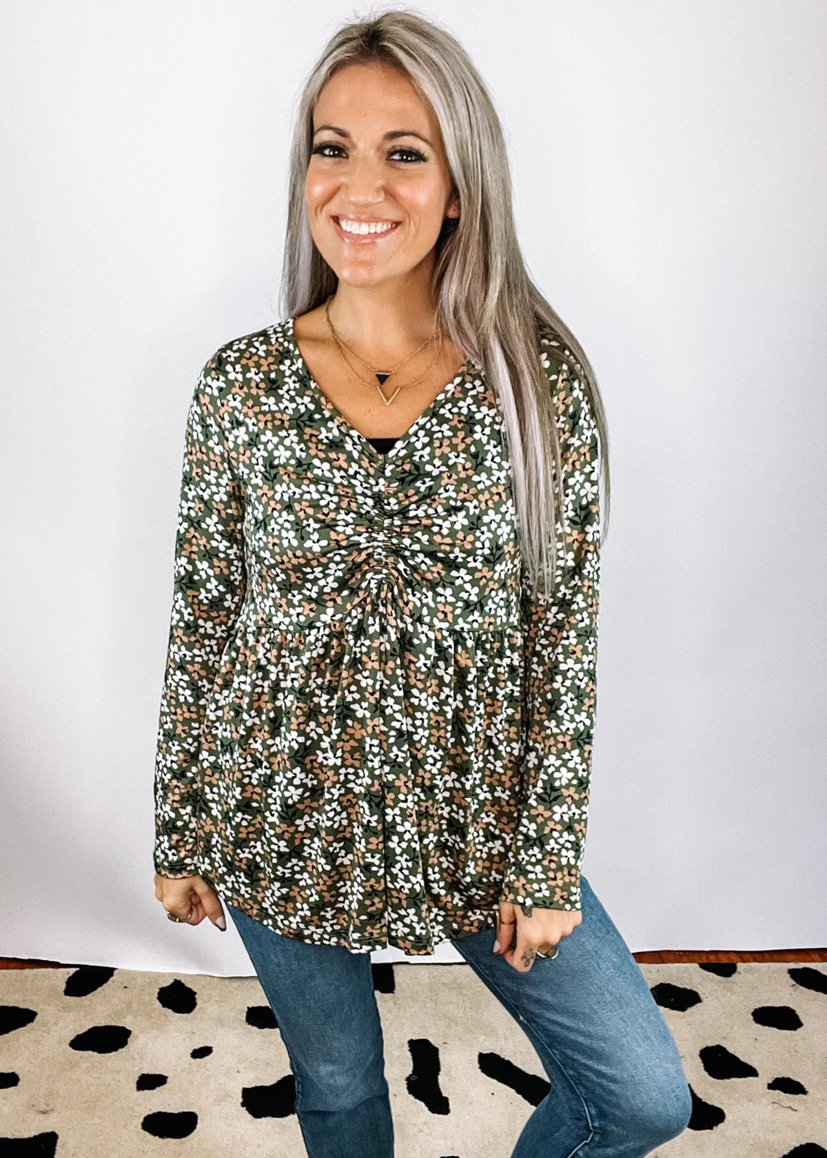 Olive Printed Cinched Chest Top