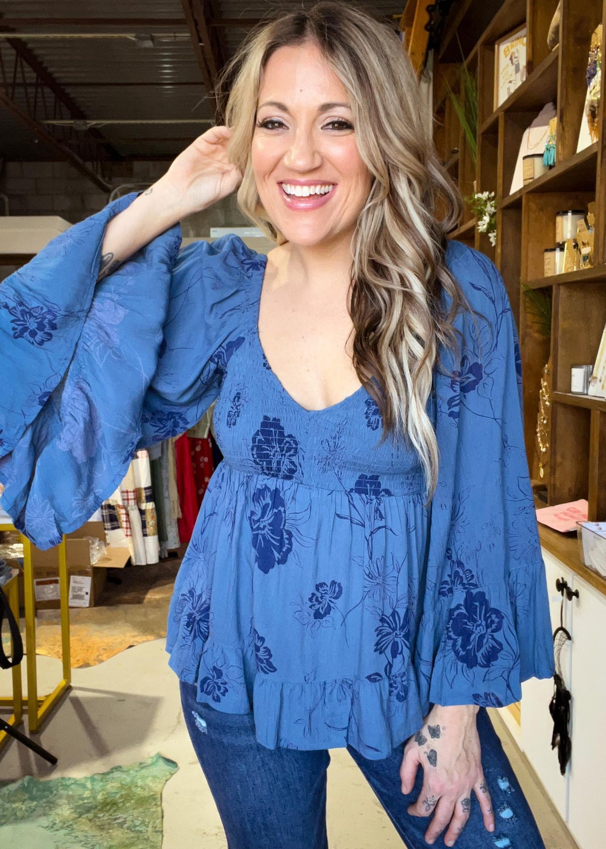 Midnight Floral Print Bell Sleeve Top