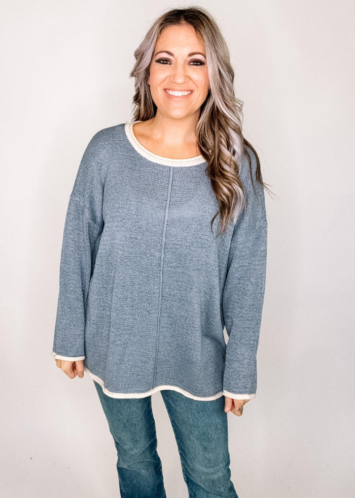 Blue Knit with White Trim