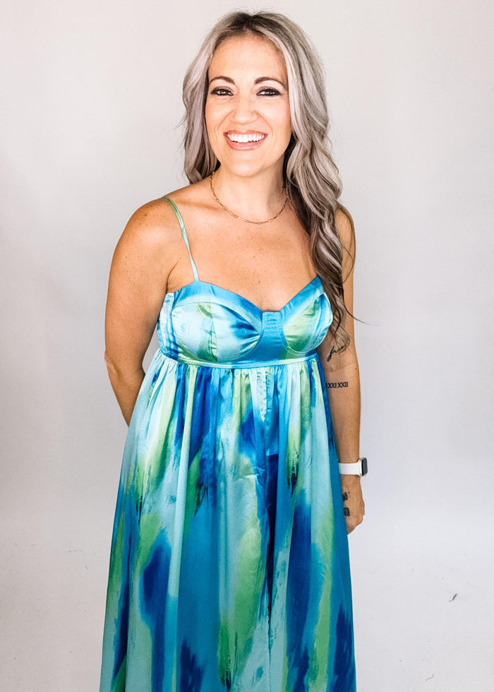 Blue and Green Satin Maxi Set with Shorts