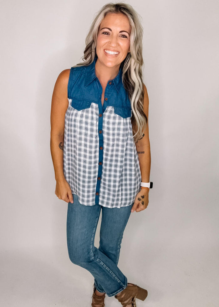 Denim and Plaid Sleeveless Top