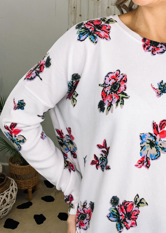 Ivory and Floral Long Sleeve Front Pocket Tunic