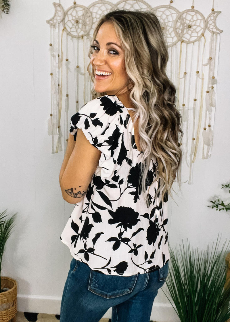 Black Floral and Ivory Puff Ruffle Blouse