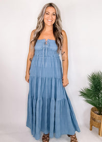 Denim Blue Textured Tiered Maxi Dress