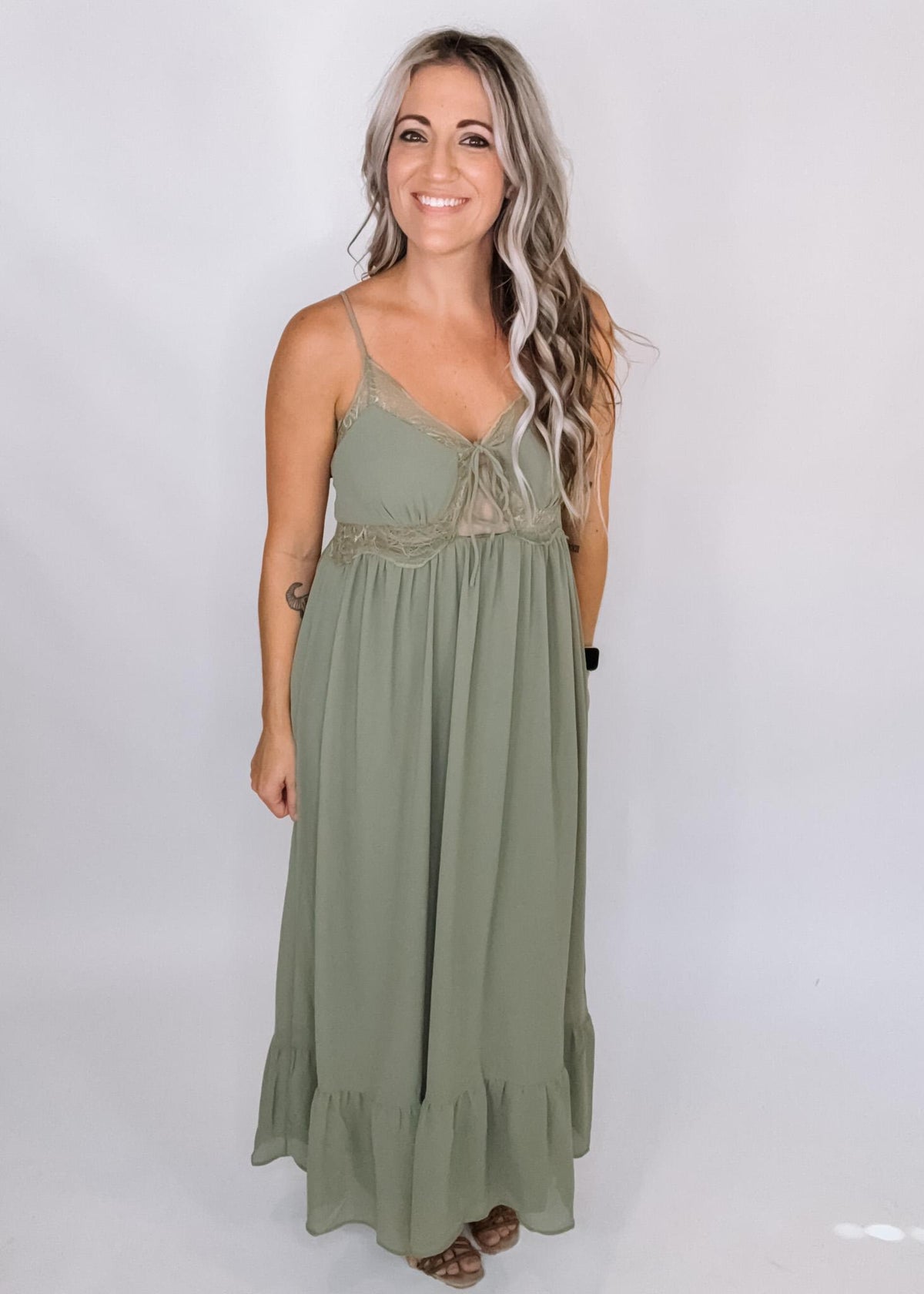 Olive Lace Trim Chiffon Maxi