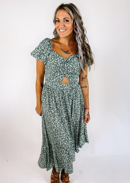 Green and Ivory Asymmetrical Puff Sleeve Dress – The Teal Eagle Boutique