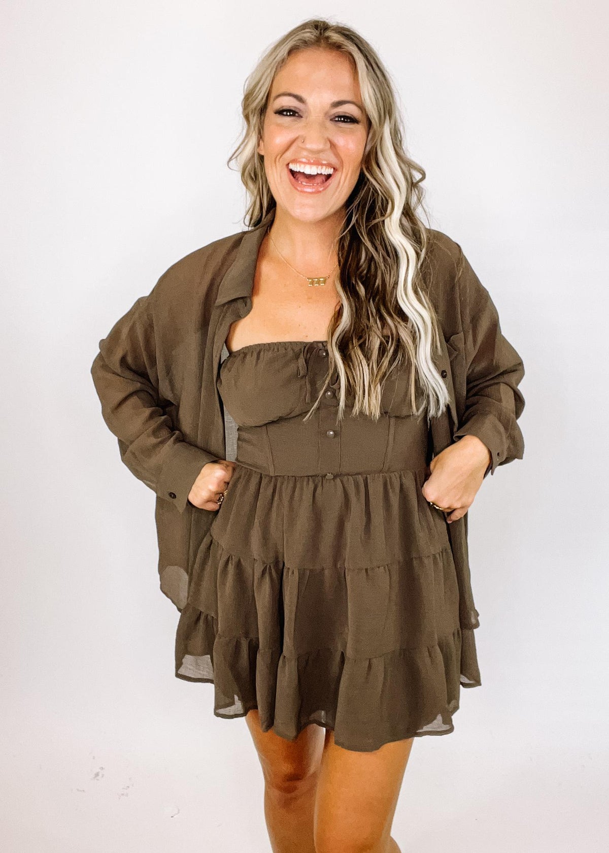 brown tiered mini dress MULTI TIERED S/L DRESS: BROWN