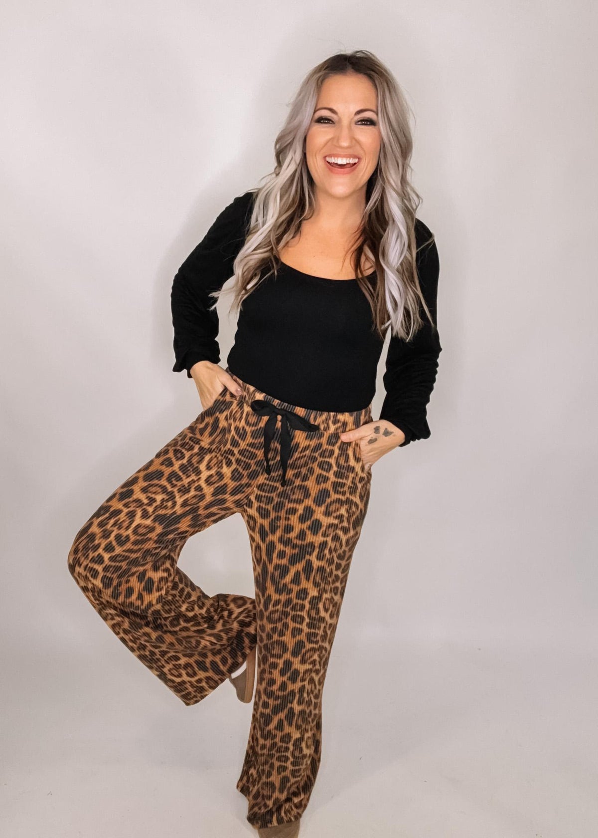 Leopard Ribbed Wide Leg Pants