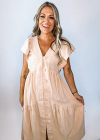 Natural Button Down Flare Sleeve Dress