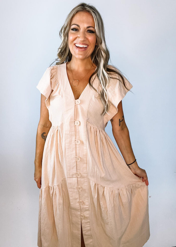Natural Button Down Flare Sleeve Dress