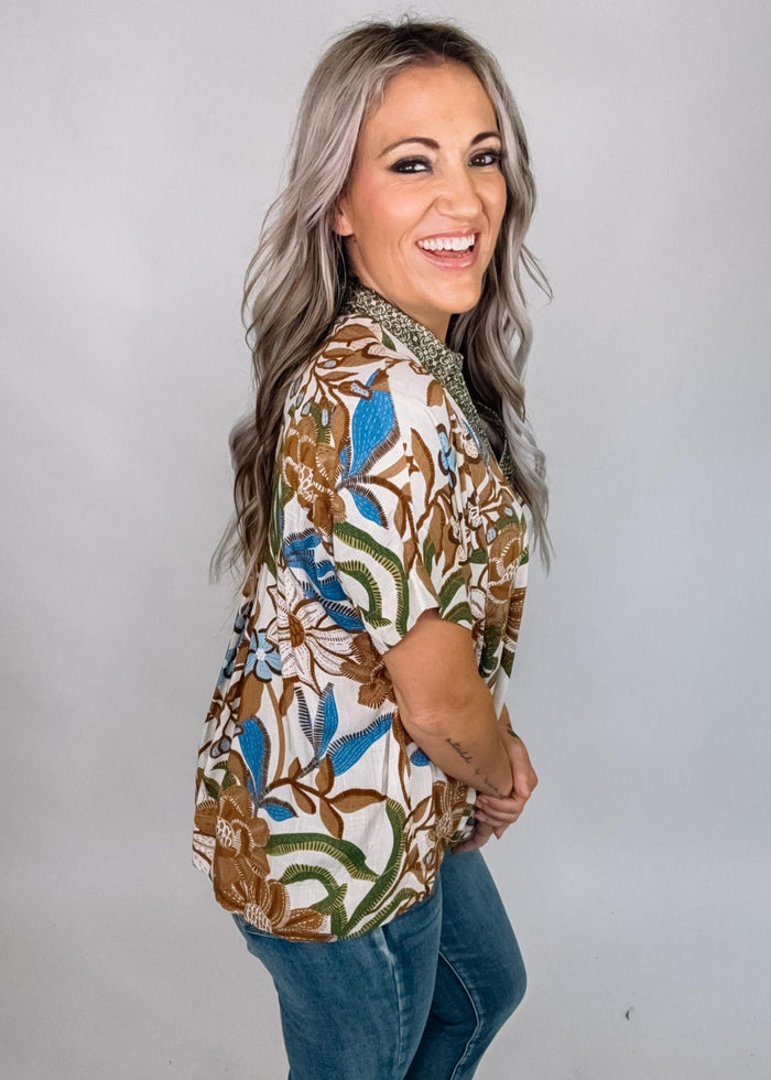 Walnut Mix Printed Top with Pleats