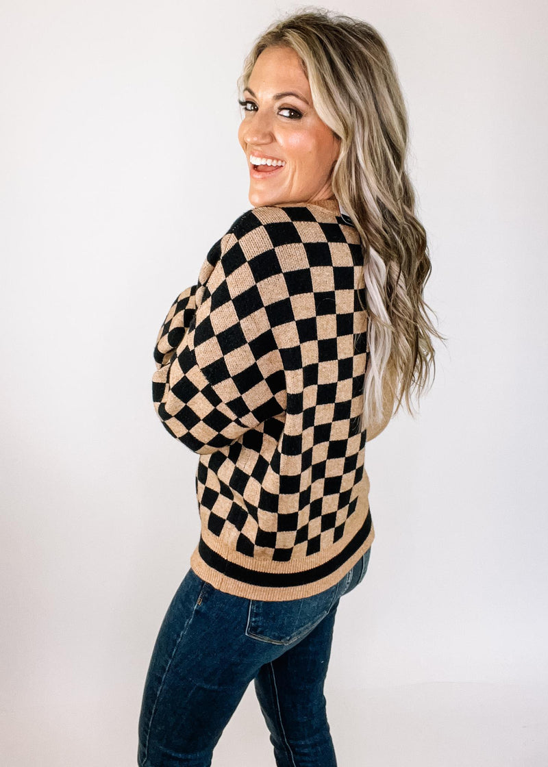 Khaki and Checkerboard Crew Neck Sweater