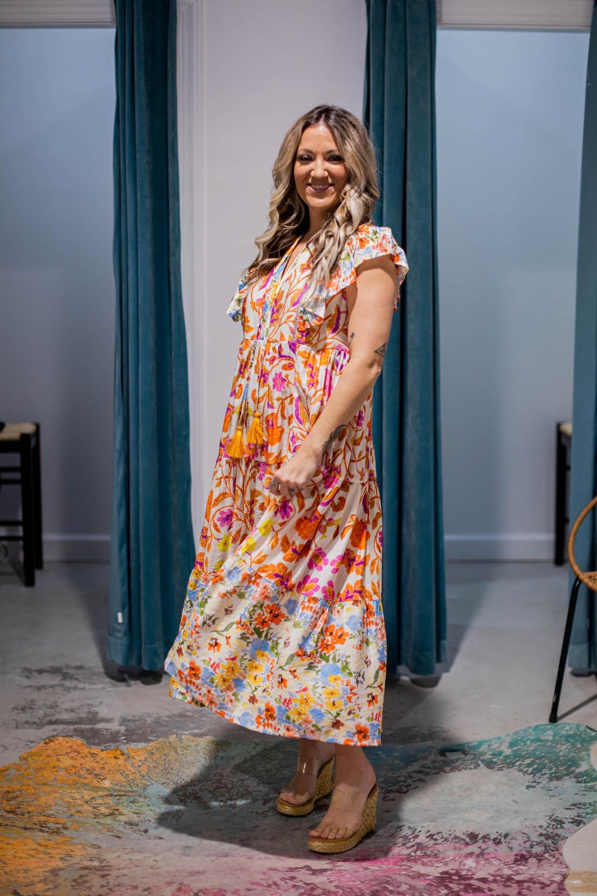 Orange and Pink Printed Midi Dress