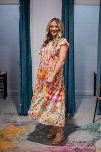 Orange and Pink Printed Midi Dress