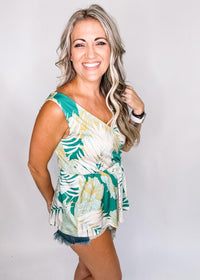 Green Tropical Faux Wrap Top