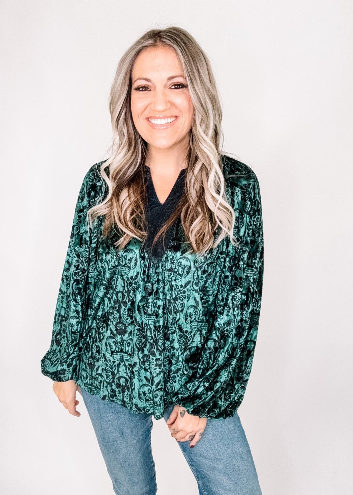 Green and Black Velvet Damask Top