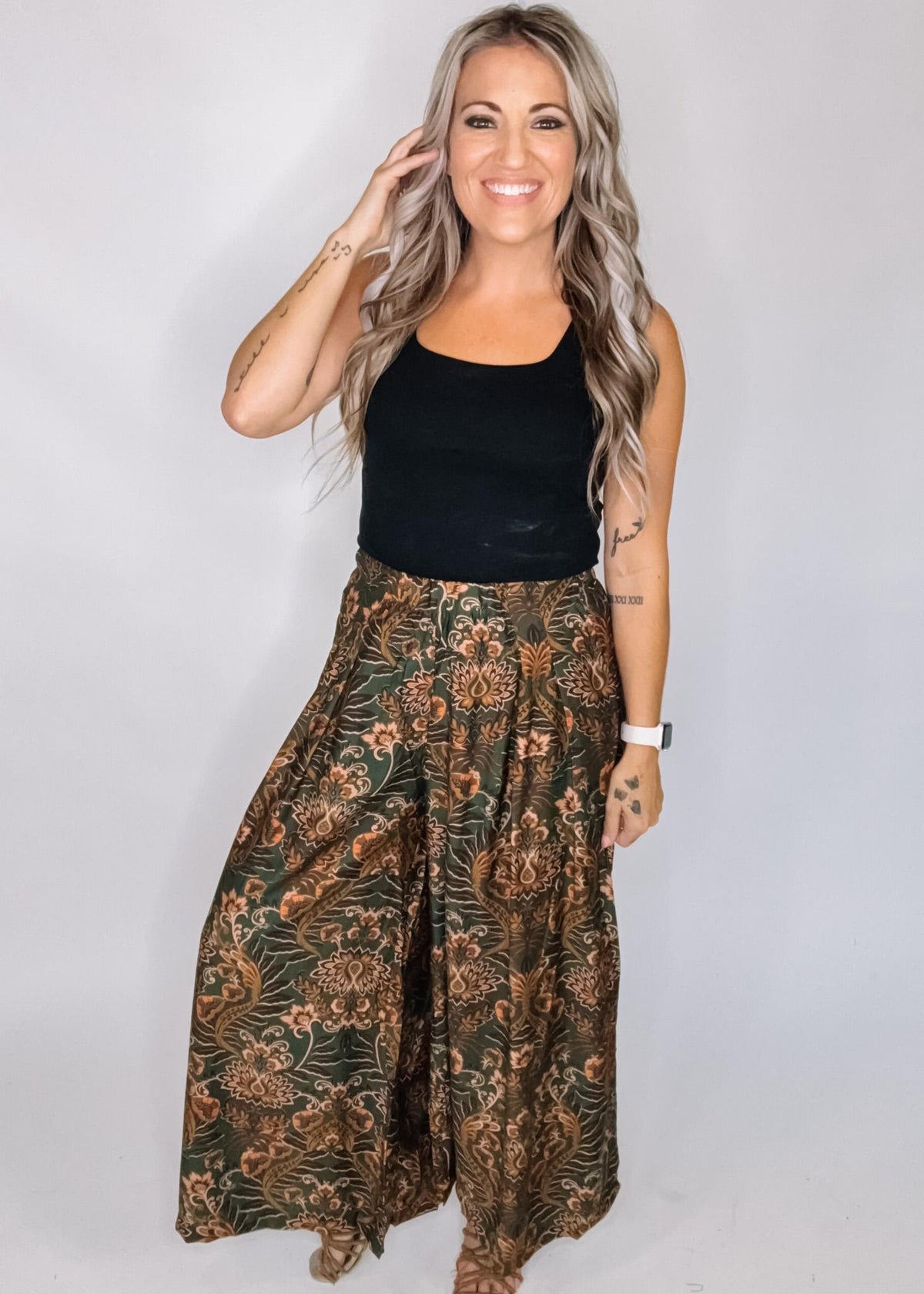 Green Damask Wide Leg Pants
