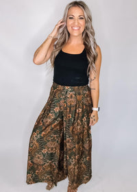 Green Damask Wide Leg Pants