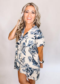 Cream and Blue Leafy Button Up Shirt Dress