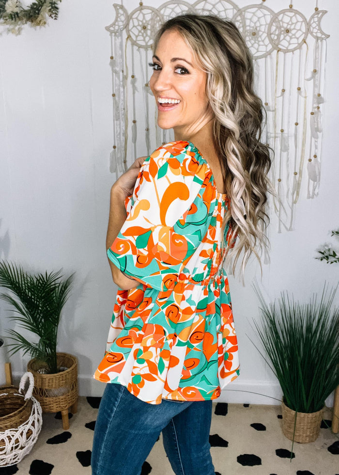 Orange and Green Abstract Printed Blouse