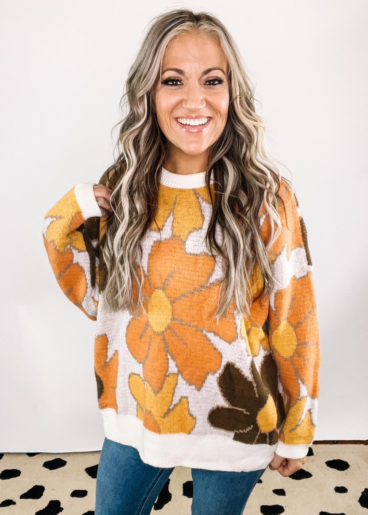 Oatmeal Floral Knit Round Neck Sweater