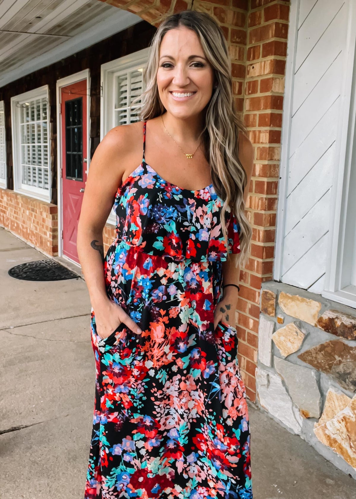 Multi Color Floral Maxi with Ruffle Detail