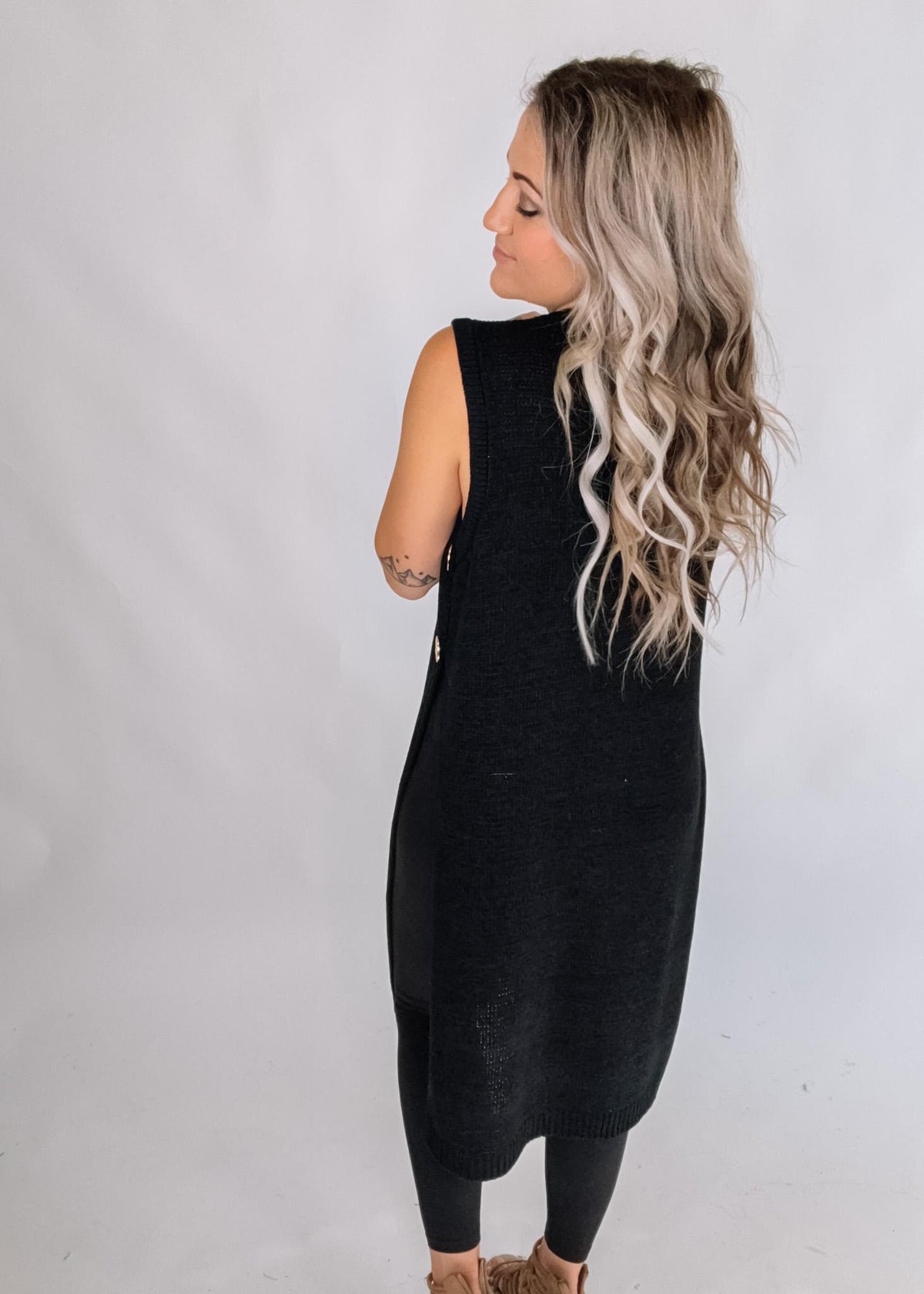 Side Button Sleeveless Open Longline Sweater