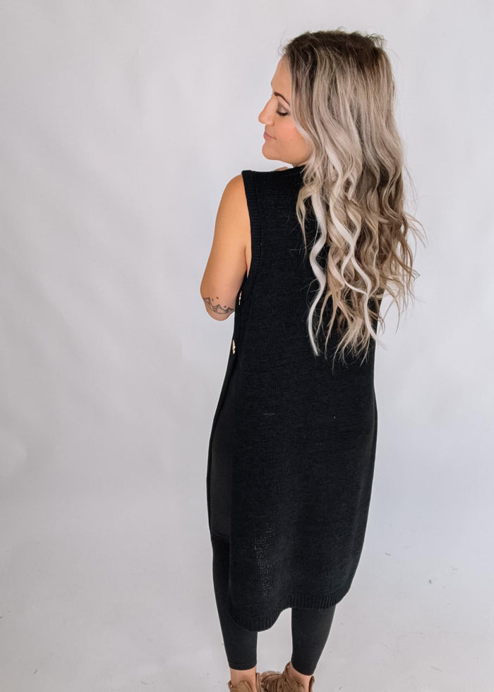 Side Button Sleeveless Open Longline Sweater
