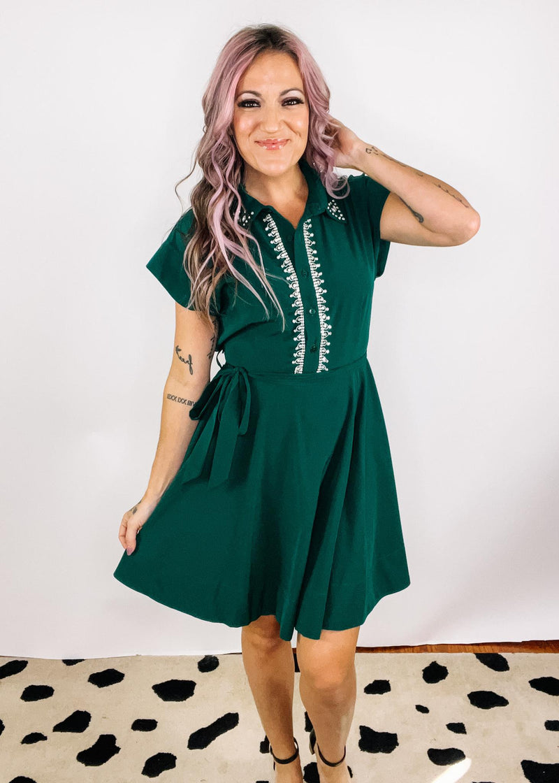 Green Collar Mini Dress with Rhinestone Trim Detail