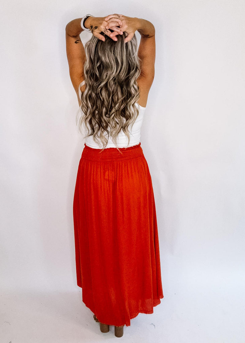 Marsala High Rise Smocked Waistband Maxi Skirt