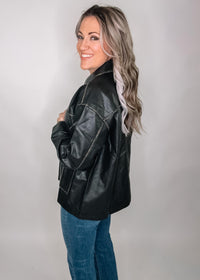 Washed Faux Leather Collared Zip Jacket
