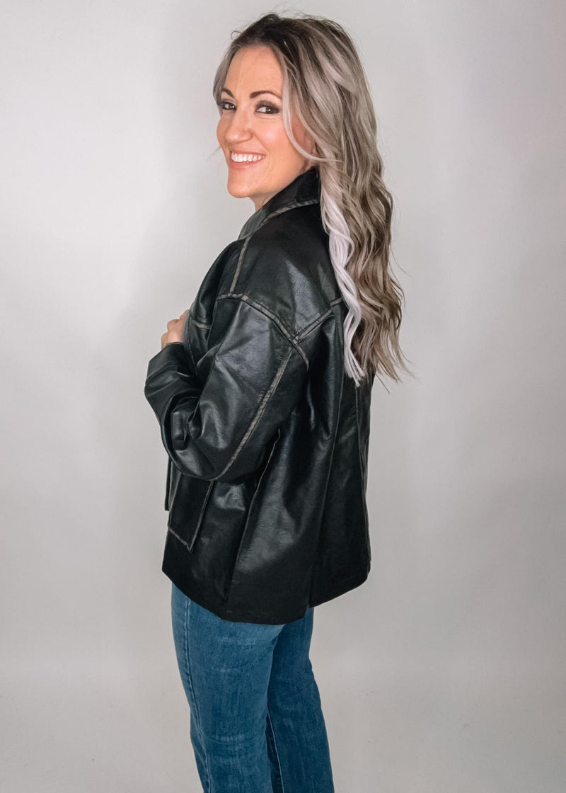 Washed Faux Leather Collared Zip Jacket
