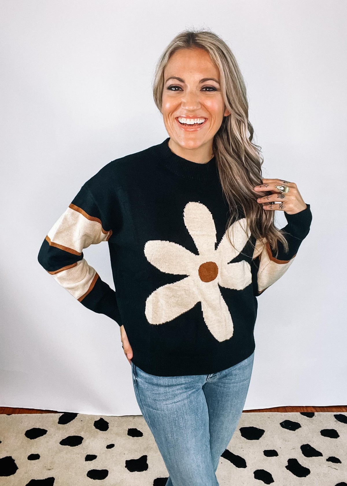 Black and White Stripe Knit With Flower