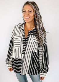 Black and White Textured Stripe Button Down Shirt